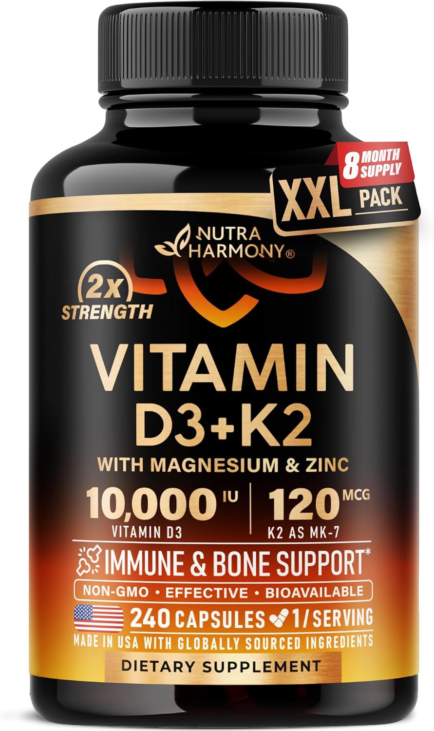 NUTRAHARMONY Vitamina D3 10000 UI y K2 MK-7 120 mcg con Magnesio, Zinc, Vitamina C y B12 - 120 Cápsulas