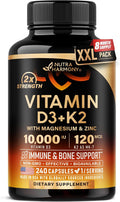 Vitamina D3 10000 IU + K2 MK-7 120 mcg con Magnesio, Zinc, Vitamina C y B12 - 240 Cápsulas