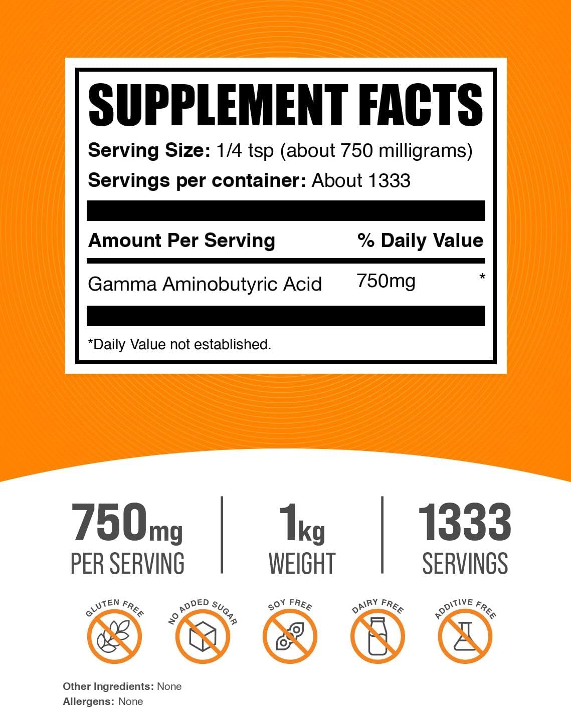 GABA Powder - Gamma Aminobutyric Acid, 750mg per Serving, 1 kg (2.2 lbs) - BulkSupplements.com
