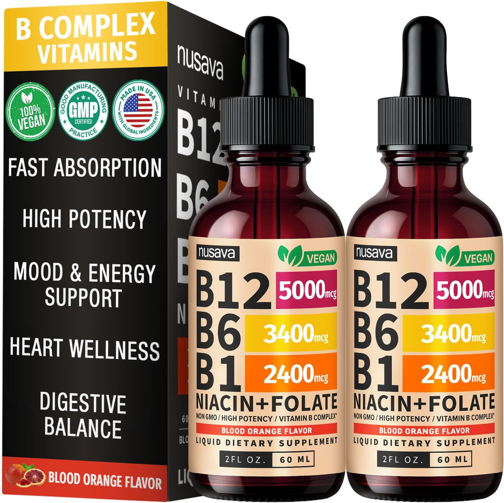 NUSAVA (2 Pack) Gotas Líquidas de Vitamina B12 5000mcg - Sublingual con B6 y Complejo B - Metilcobalamina para Mujeres y Hombres - Suplemento Vegano, Sin OGM, Sabor Naranja Carmesí (2 Fl Oz, 80 Servicios)