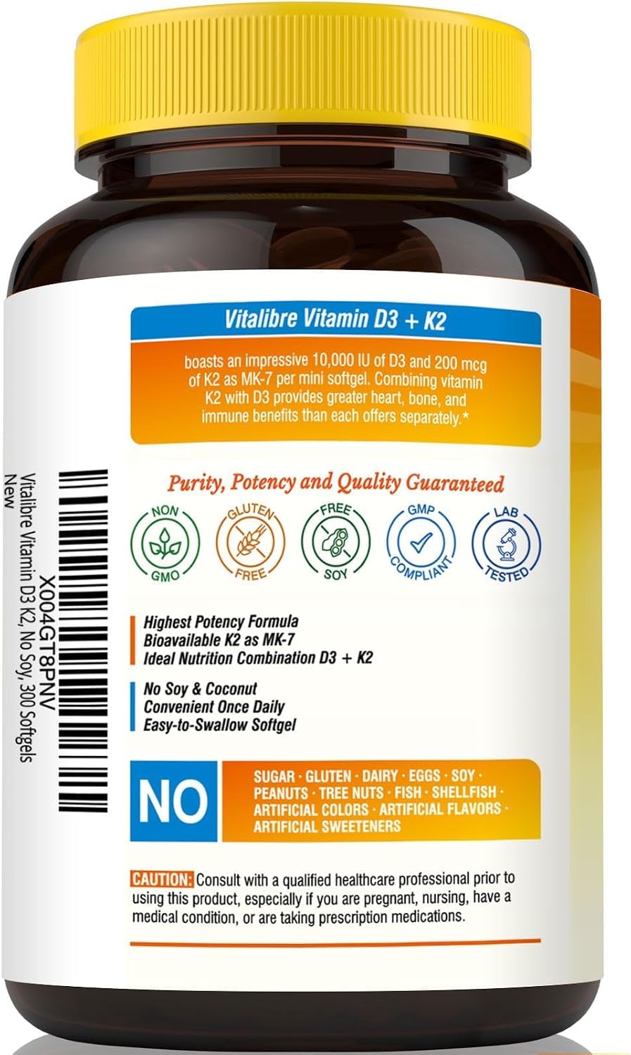 Vitalibre Vitamina D3 K2 10000 UI 200 mcg MK-7, 300 Cápsulas
