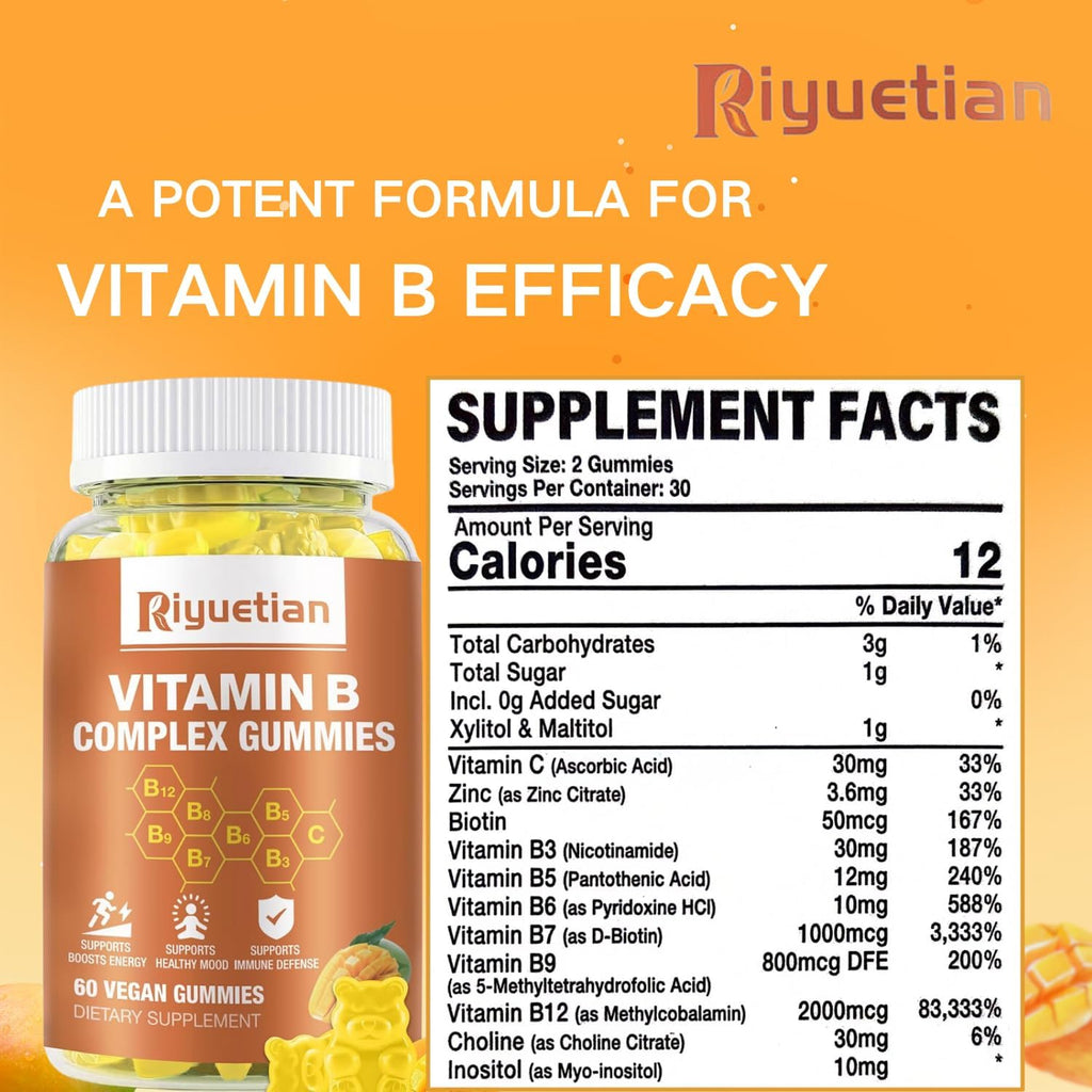 Complejo B Gummies con Biotina, Colina, Inositol, Vitamina C y Zinc - Sabor Mango - 120 Gominolas Veganas