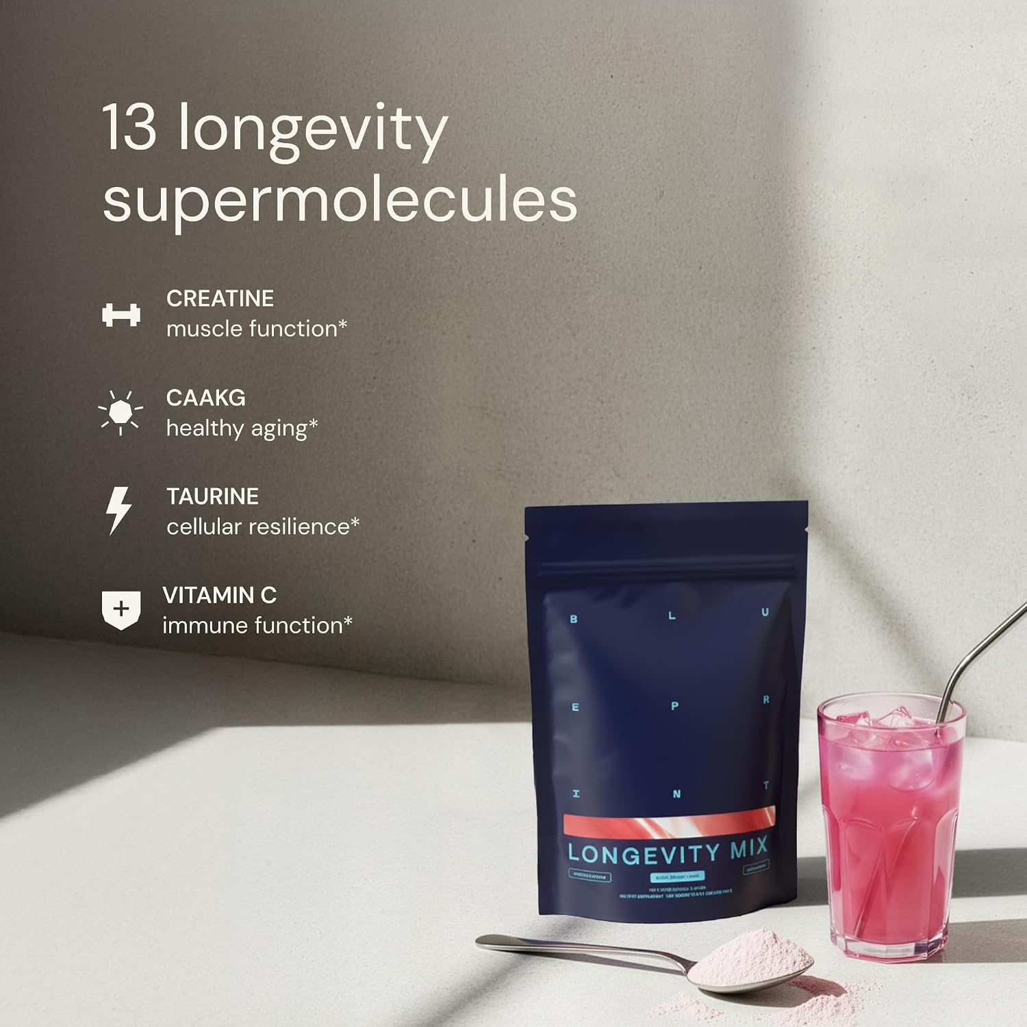 Blueprint Longevity Mix - Magnesio, Creatina, L-Teanina, Glutatión y Vitamina C - 30 porciones, Naranja Sangre