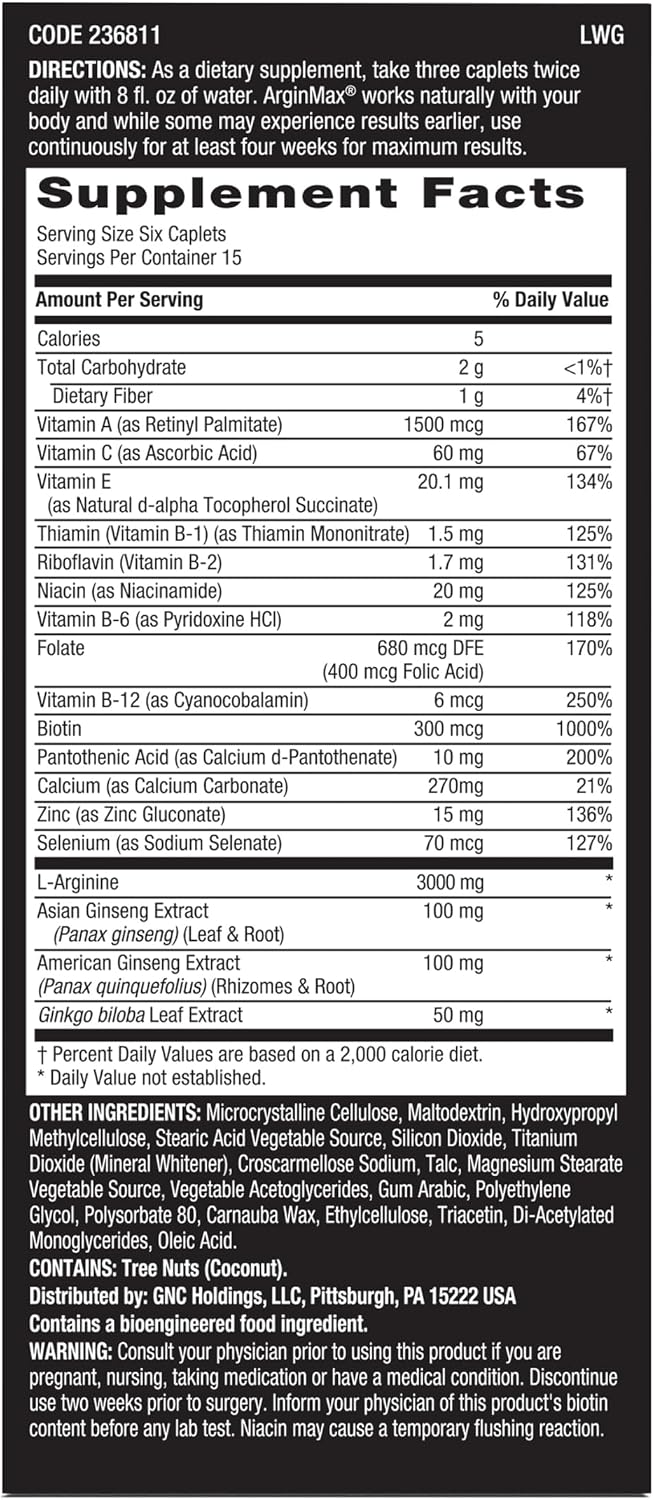 GNC Men's Arginmax: Suplemento para la Salud Sexual Masculina, 90 Comprimidos