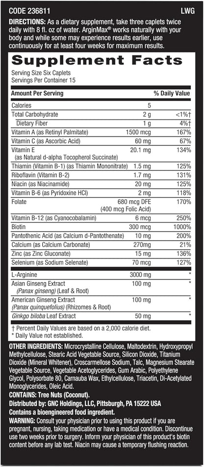 GNC Men's Arginmax: Suplemento para la Salud Sexual Masculina, 90 Comprimidos – Image 2