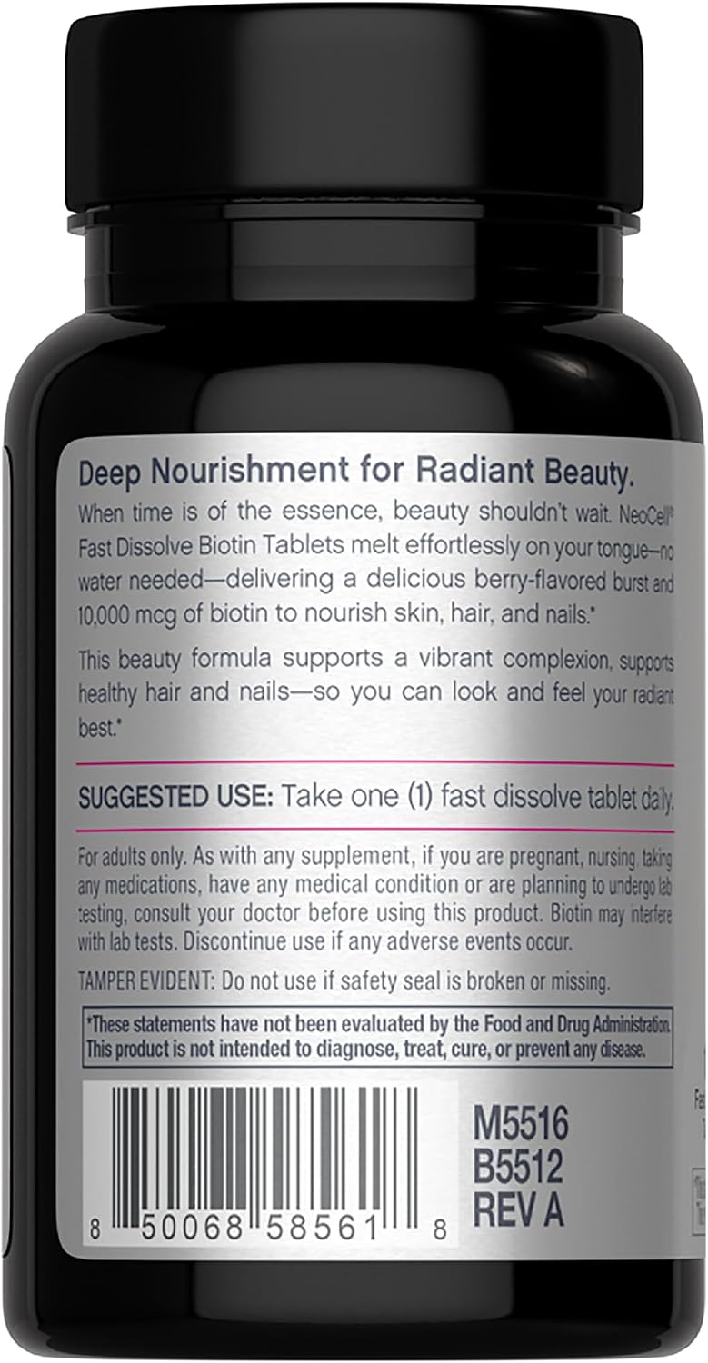 NeoCell Biotin 10000mcg Comprimidos de Disolución Rápida | 180 Comprimidos | Sabor a Bayas | Suplemento para Cabello, Piel y Uñas