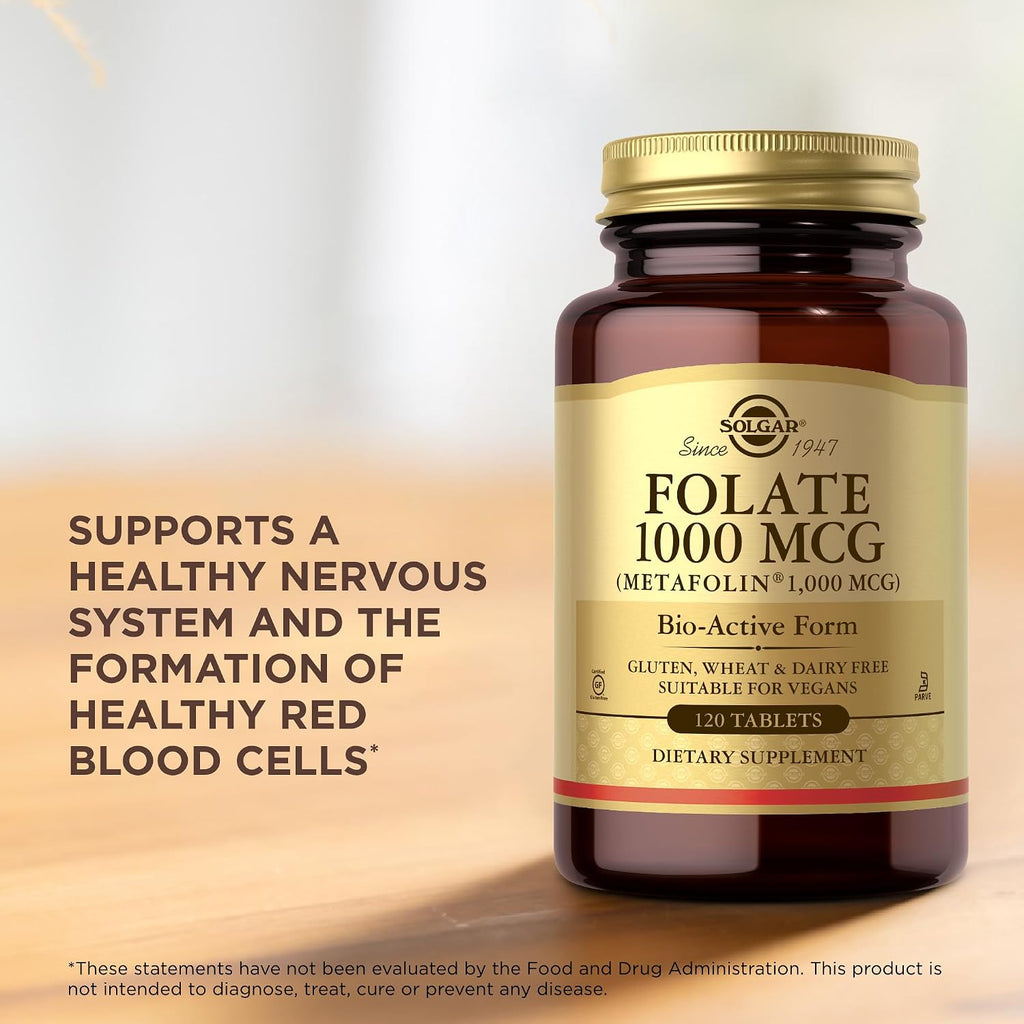 Solgar Folato 1000 mcg - 120 Comprimidos - Metafolin Bioactivo - Vegano, Sin Gluten, Sin Lácteos, Kosher - 120 Dosis
