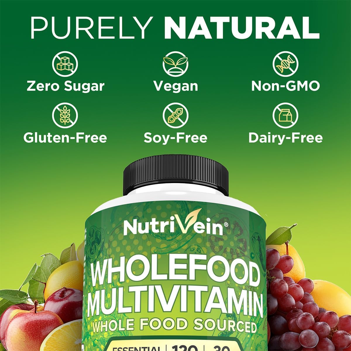Nutrivein Multivitamínico de Alimentos Integrales para Hombres y Mujeres – 120 Cápsulas Veganas – Energía Diaria, Apoyo Inmunitario y Cardíaco – Mezcla de Frutas y Verduras + Vitaminas B