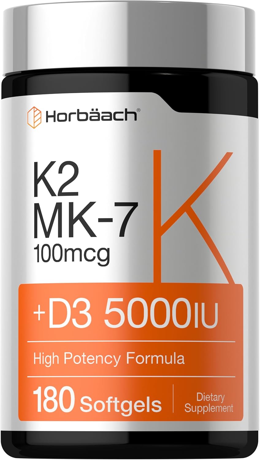 Horbäach Vitamina D3 + K2, 5000 UI y 100 mcg MK-7, 180 Cápsulas Blandas