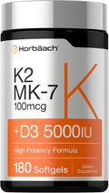 Horbäach Vitamina D3 + K2, 5000 UI y 100 mcg MK-7, 180 Cápsulas Blandas