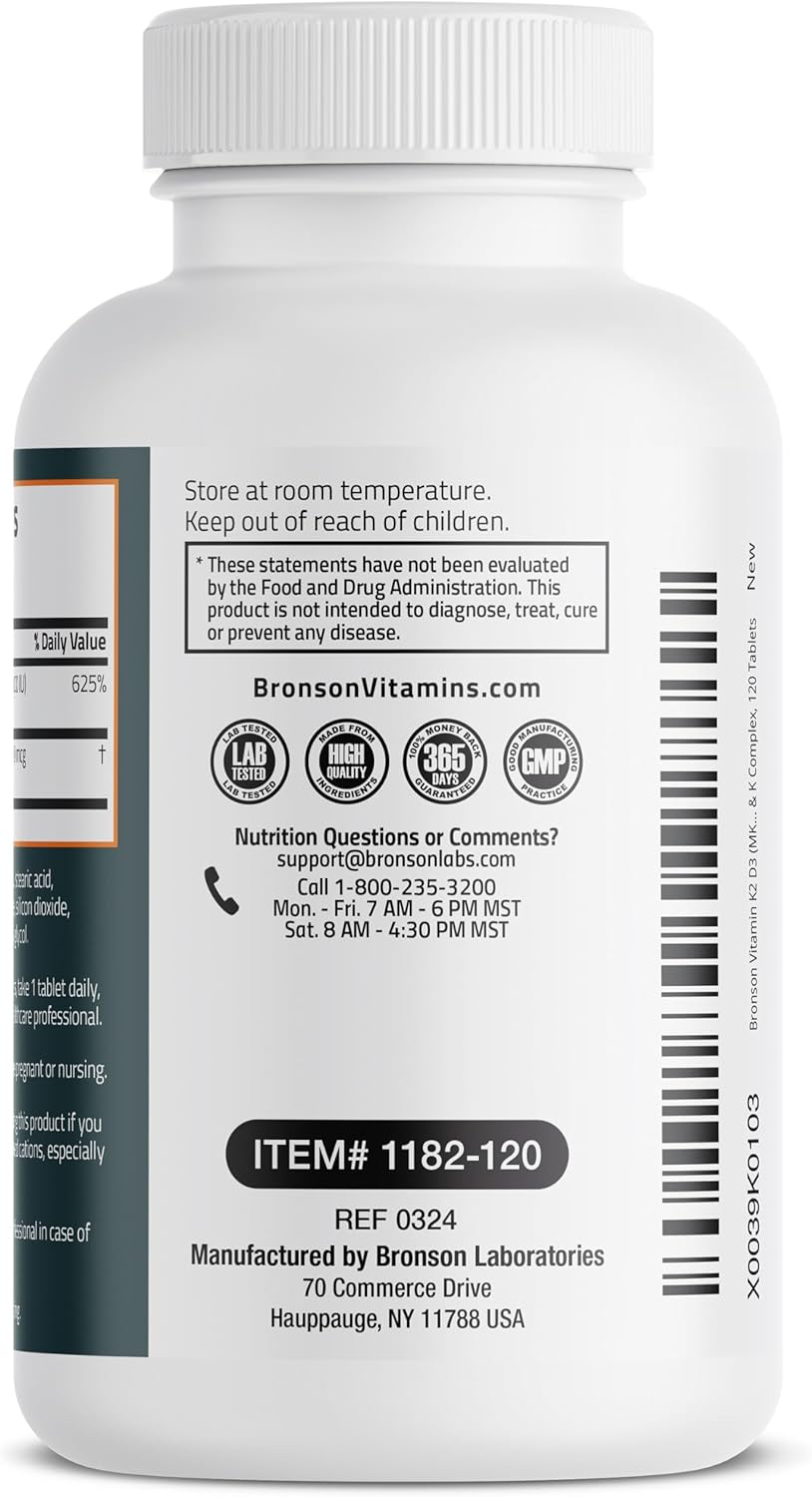 Bronson Vitamina K2 D3 (MK7) - 5000 UI Vitamina D3 + 90 mcg K2 MK-7, 120 Comprimidos