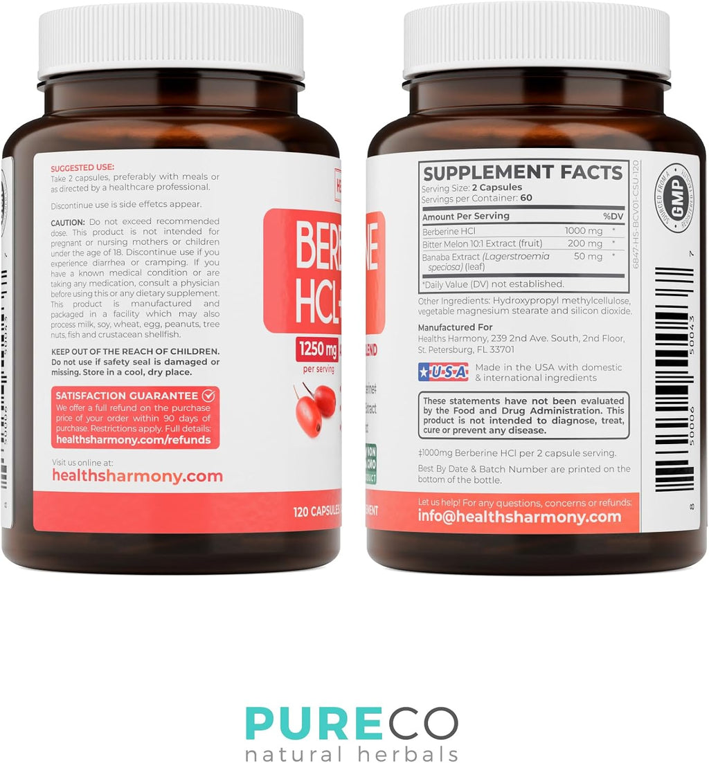 Suplemento de Berberina HCL con Melón Amargo y Hoja de Banaba - 500mg por Cápsula, 120 Cápsulas Vegetarianas - Healths Harmony