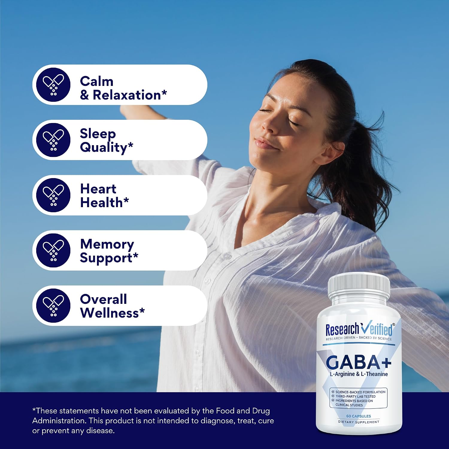 Research Verified GABA+ - 600mg GABA con L-Teanina y L-Arginina - 60 Cápsulas Veganas (Pack de 3)