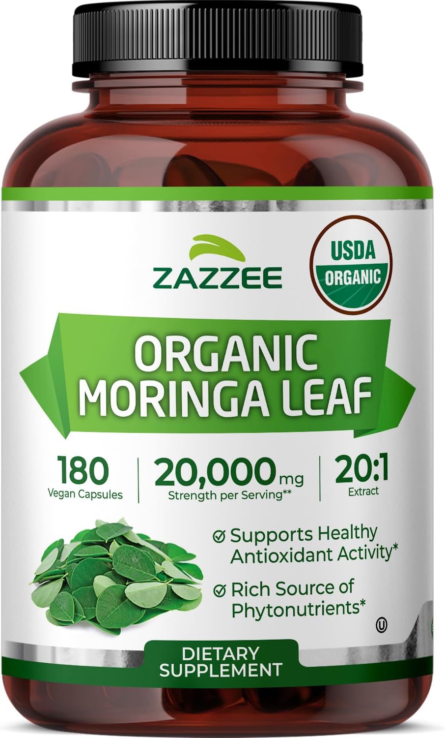 Zazzee Moringa Orgánica Extracto 20:1 - 180 Cápsulas Veganas