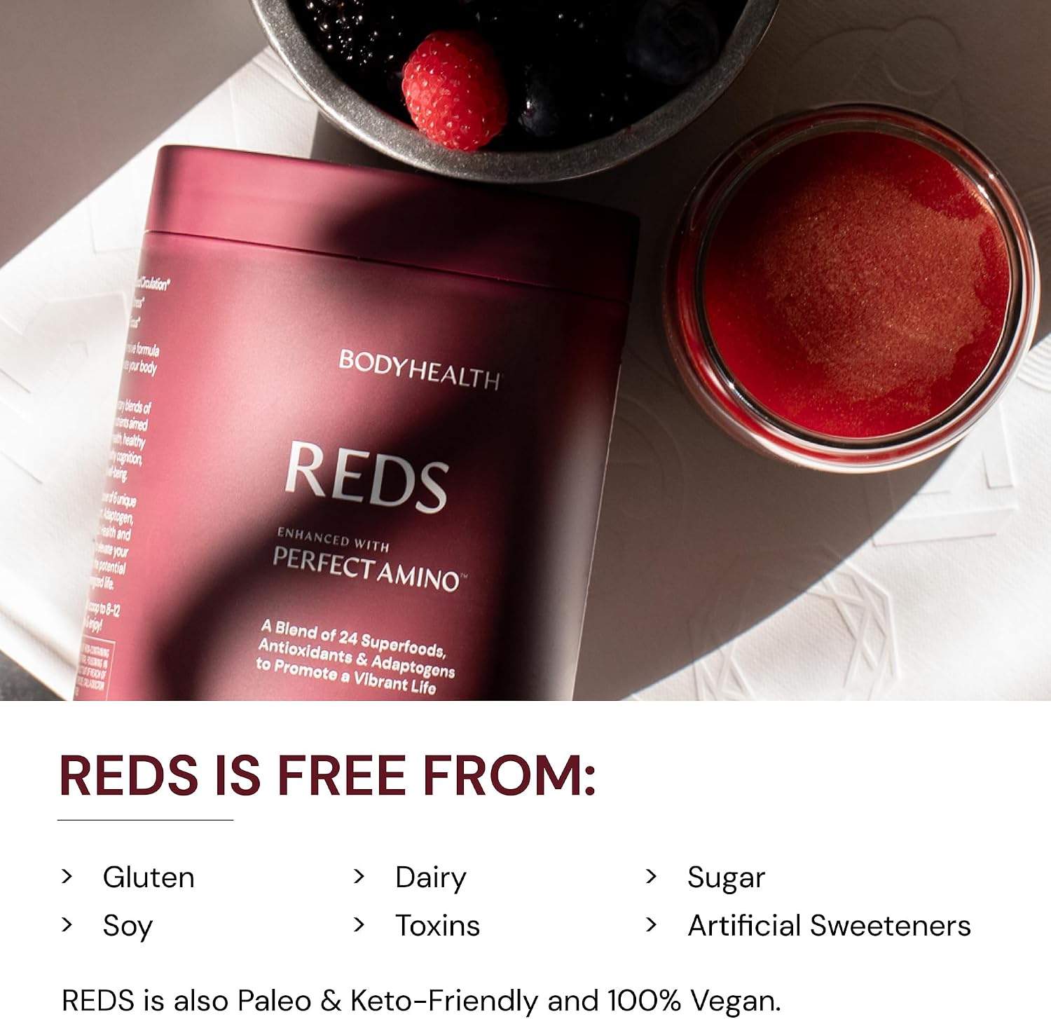 BodyHealth Reds Enhanced with PerfectAmino - Polvo de superalimentos diario con antioxidantes, adaptógenos, fitonutrientes, frutas, prebióticos, probióticos, fibra y proteína - 30 porciones