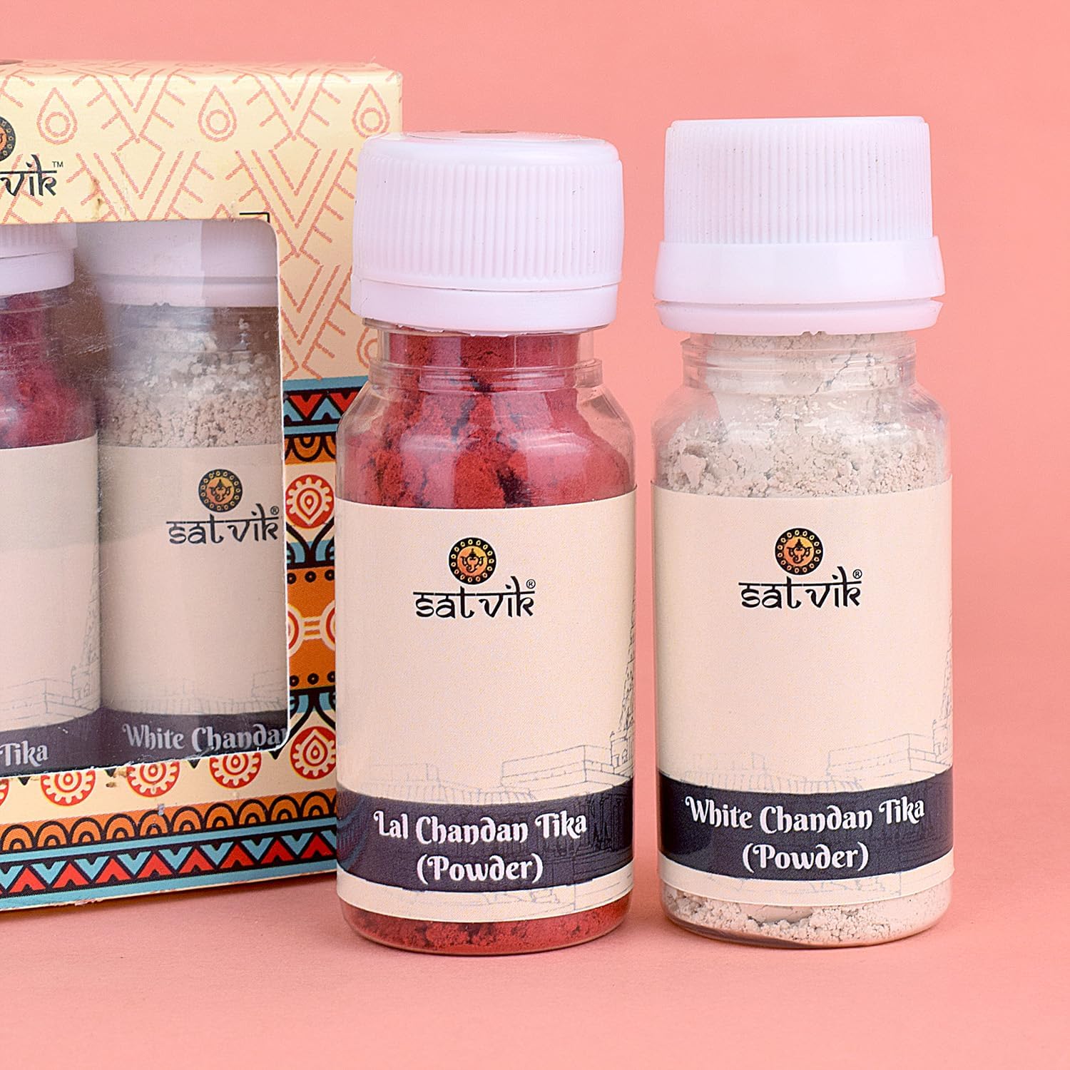 Set de 5 Sellos Tilak de Latón con Polvo de Chandan Rojo y Blanco - SATVIK
