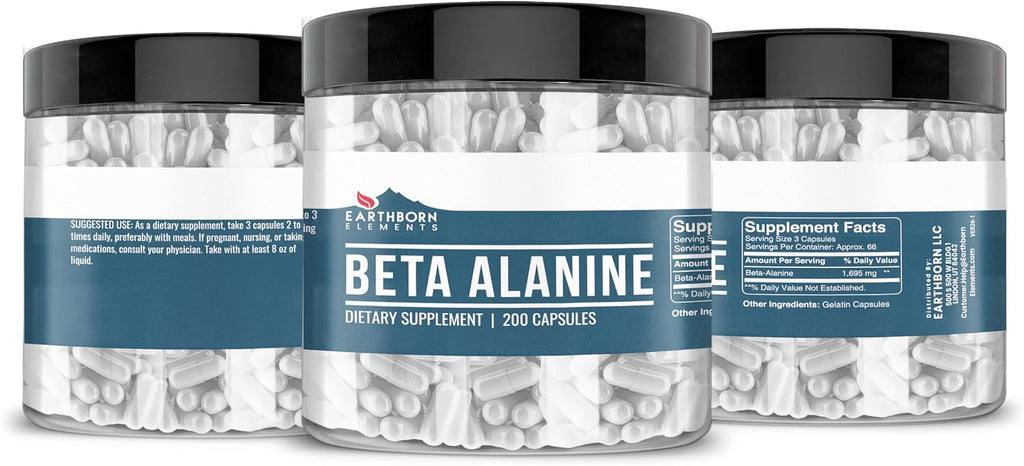 Earthborn Elements Beta-Alanina, 200 Cápsulas, Pura y sin Diluir, Sin Aditivos