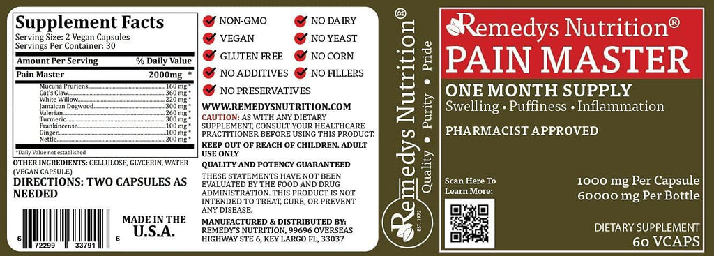 Pain Master | 1000 mg, 60 Cápsulas Veganas - Suplemento Herbal de Remedy's Nutrition