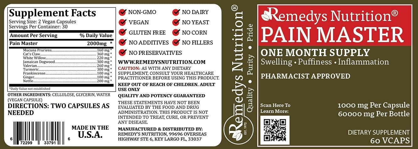 Pain Master | 1000 mg, 60 Cápsulas Veganas - Suplemento Herbal de Remedy's Nutrition
