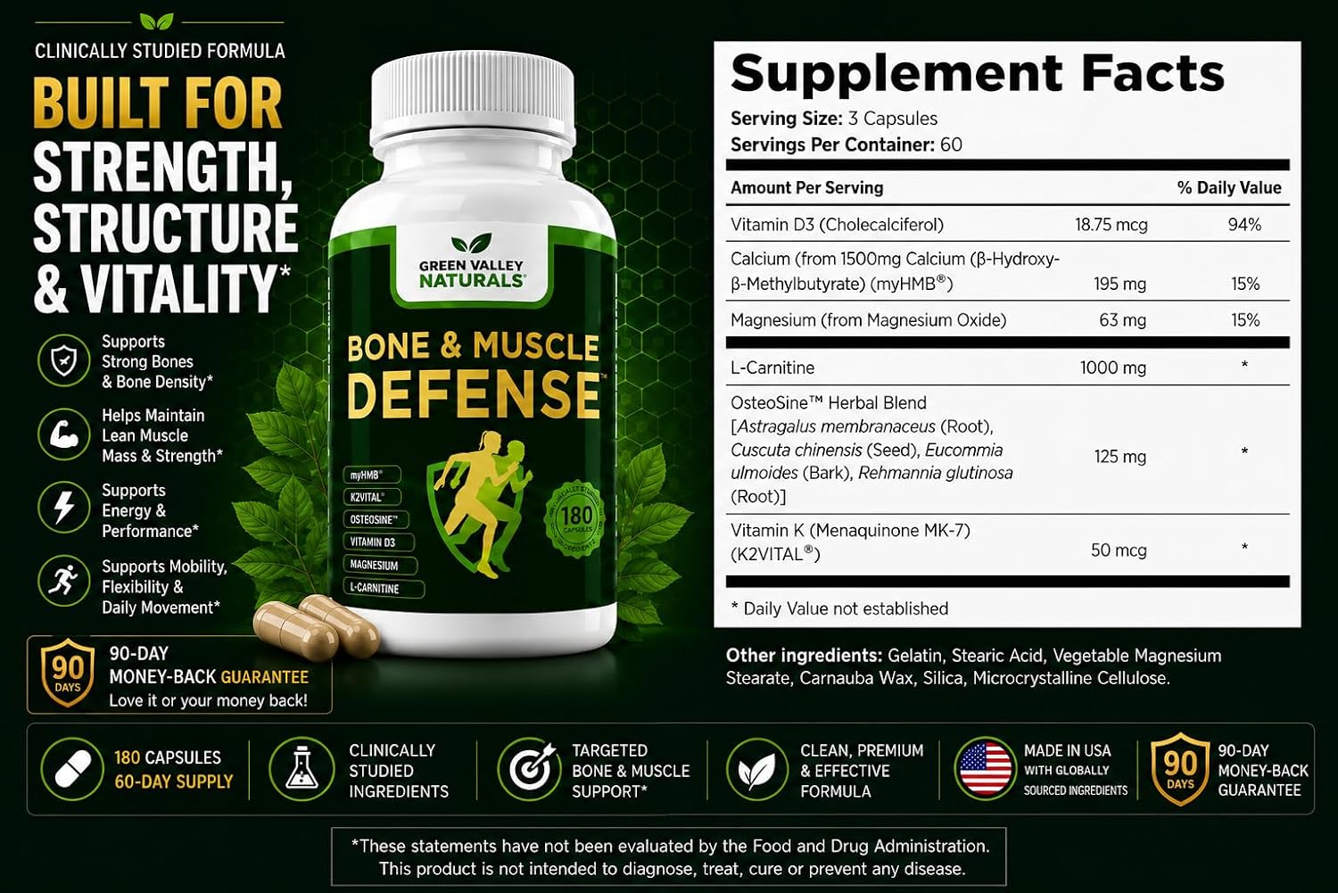 Green Valley Naturals Bone & Muscle Defense - 180 Cápsulas