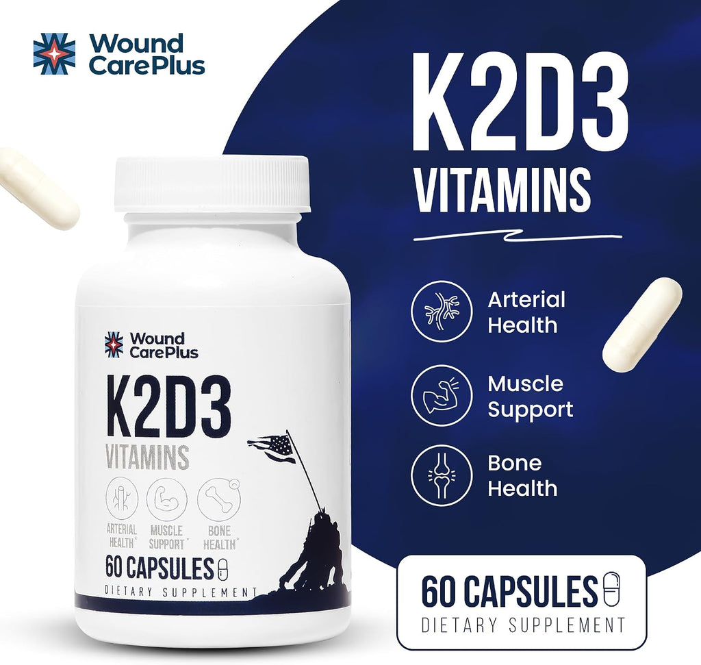 Wound Care Plus Vitamina D3 y K2 - 60 Cápsulas - No GMO, Sin Gluten