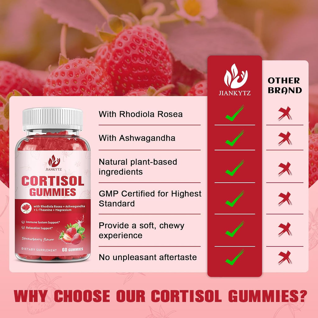 Gominolas de Cortisol para Mujeres con Ashwagandha, Rhodiola Rosea, L-Teanina, Magnesio y Vitamina D3 - 60 Gominolas Veganas