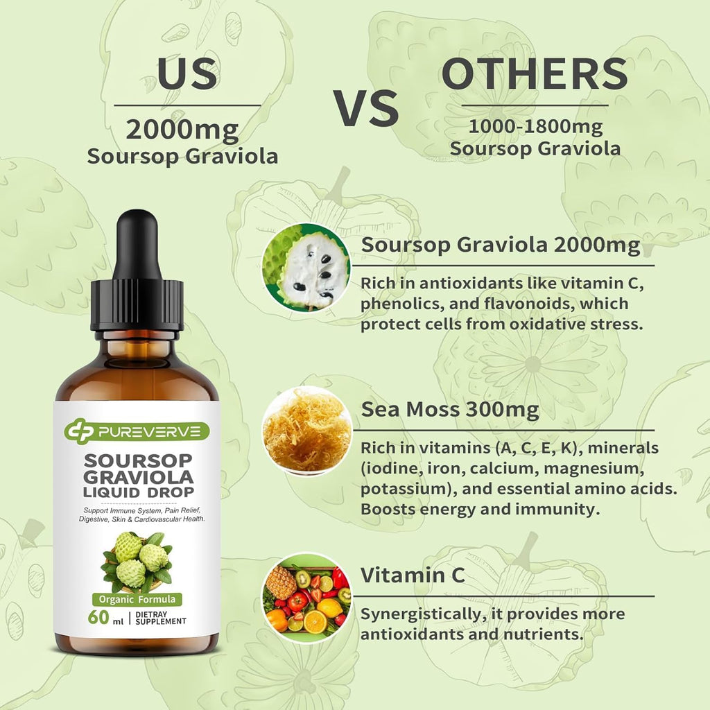 Soursop Graviola Gotas Líquidas de Pureverve, Apoyo Celular e Inmunidad, 2 Pack de 118 ml