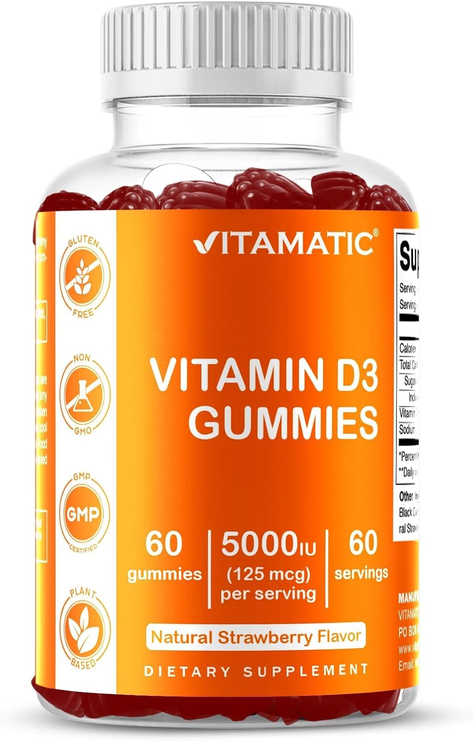 Vitamatic Gominolas de Vitamina D3 (5000 IU) - 60 Gominolas con Sabor Natural a Fresa
