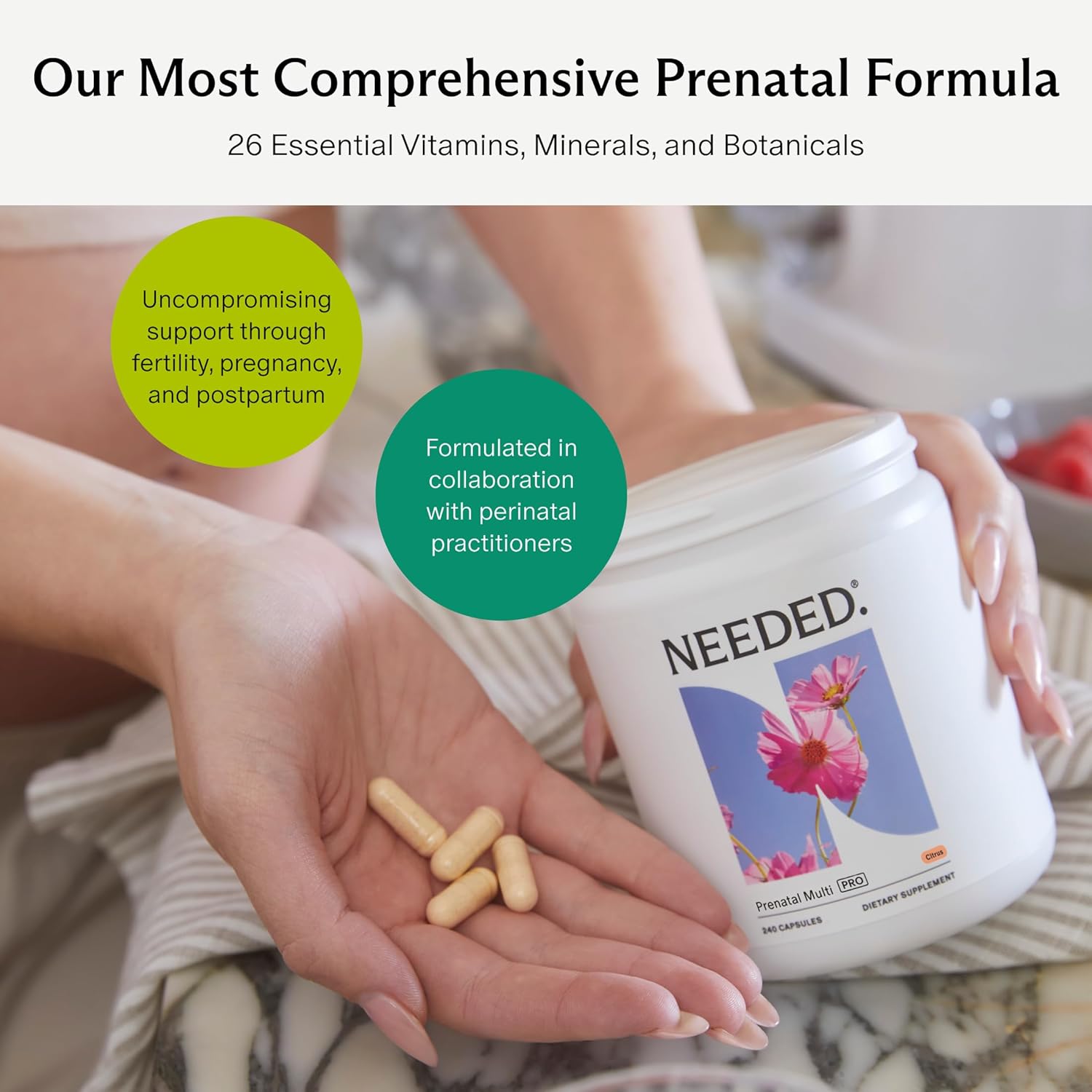 Needed. Prenatal Multivitamin con aroma a cítricos - Complejo prenatal completo para antes, durante y después del embarazo - 26 nutrientes óptimos incluyendo colina, vitamina B y folato - suministro para 30 días
