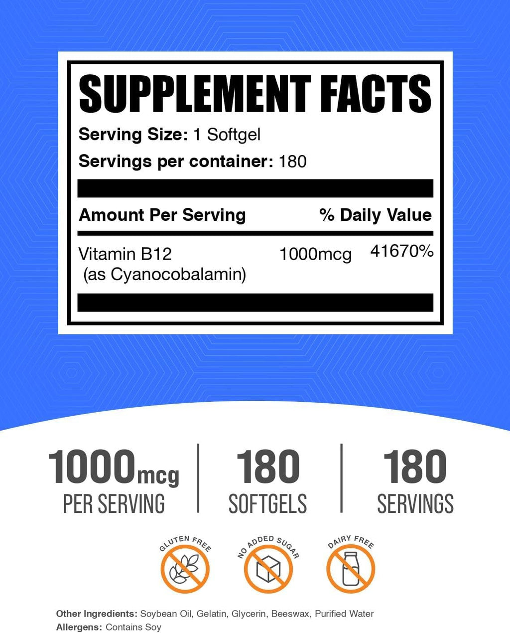 Vitamin B12 1000 mcg Softgels - Cianocobalamina - 180 Cápsulas Blandas