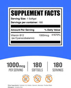 Vitamin B12 1000 mcg Softgels - Cianocobalamina - 180 Cápsulas Blandas