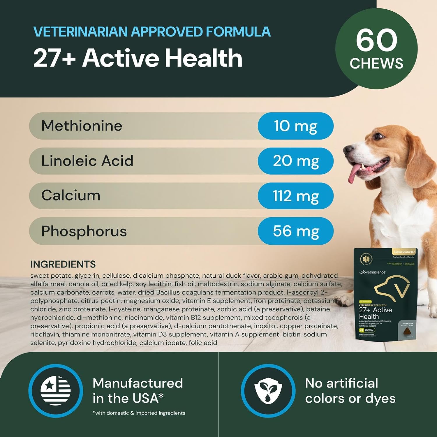 VetriScience Veterinary Strength 27+ Active Health Chews - Multivitamínico Completo para Perros - Apoyo Digestivo - Sabor a Pato - 60 Unidades