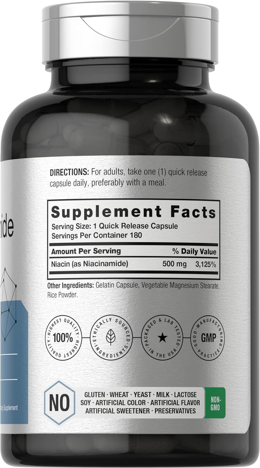 Horbäach Nicotinamida 500mg | 180 Cápsulas | Suplemento Sin Enrojecimiento | No-GMO y Sin Gluten