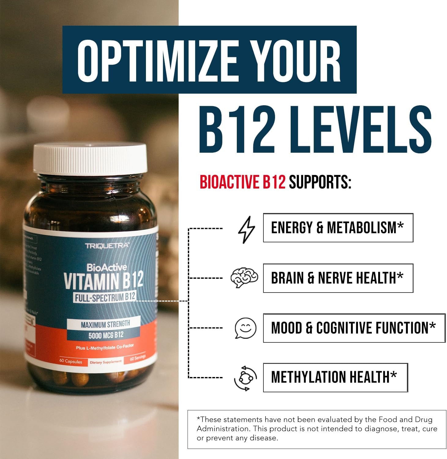 Triquetra Health BioActive Vitamin B12 - 5000 mcg con 3 Formas Bioactivas y Metilfolato