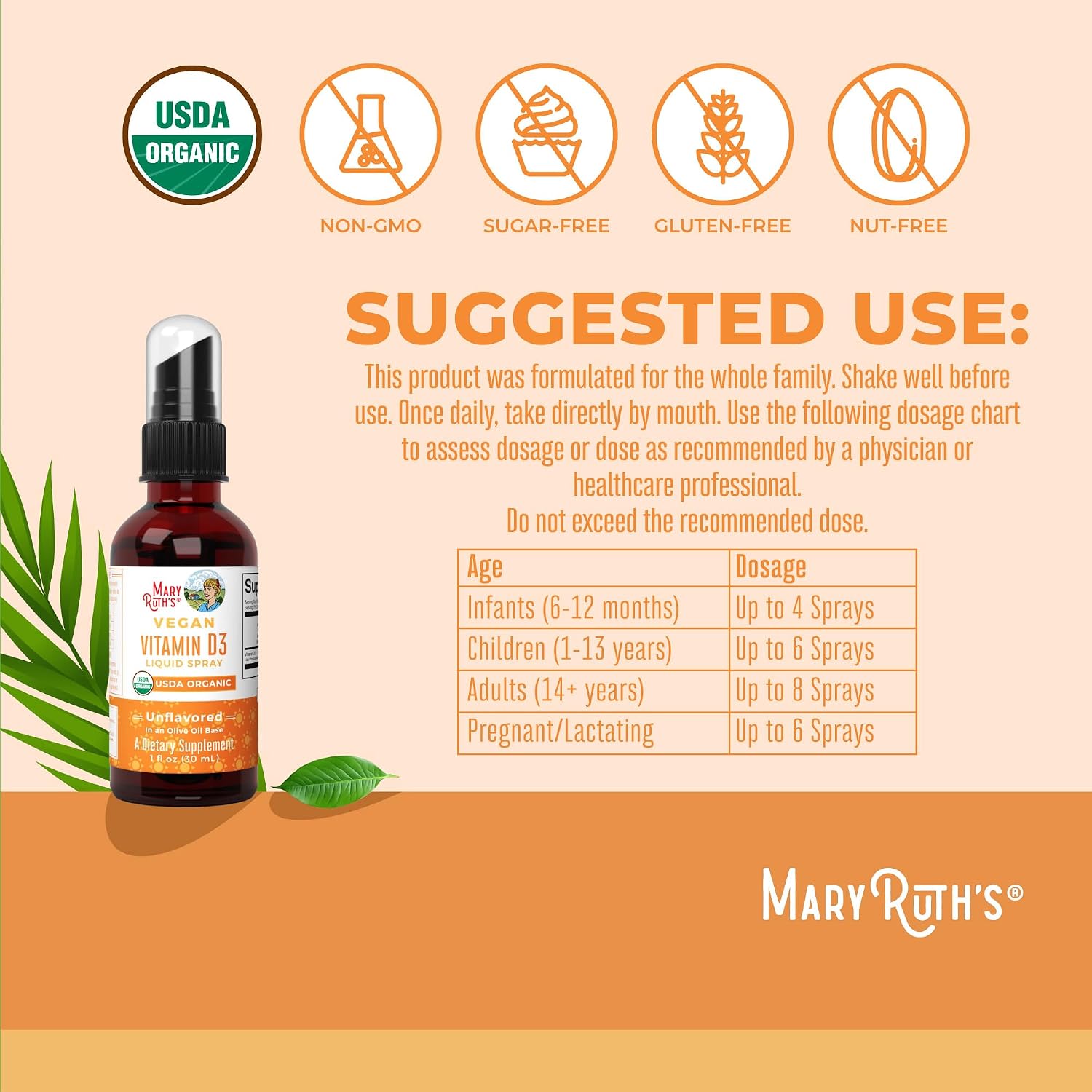 MaryRuth Organics Vitamina D3 Spray Vegano Orgánico - 30 Servicios