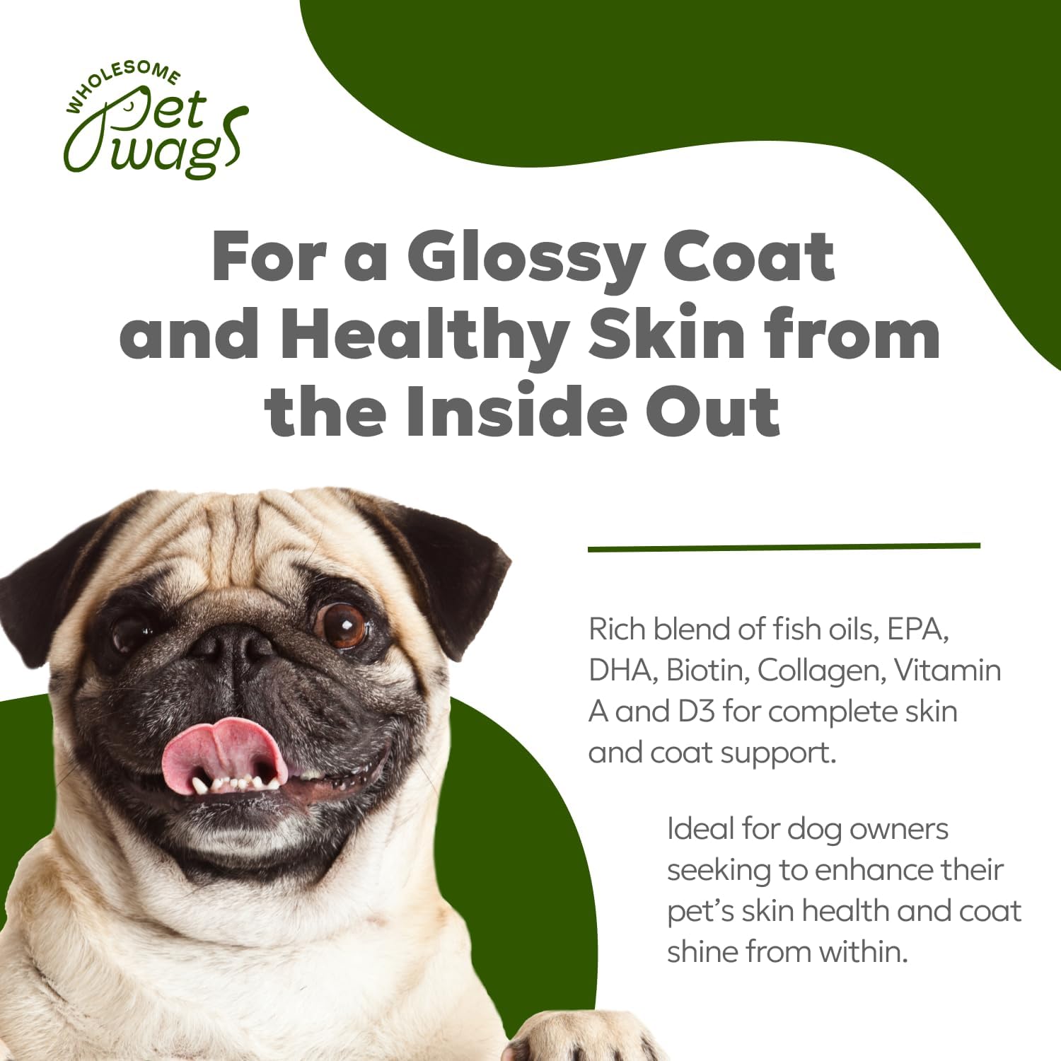Wholesome Pet Wags – Snacks Blandos para Alivio de Alergias y Picor en Perros – Omega-3, Biotina, Colágeno – 60 uds