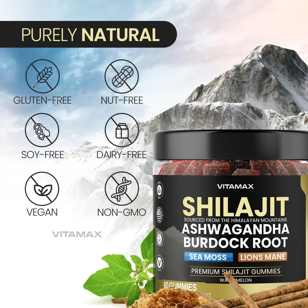 Pure Shilajit Gummies con Sea Moss, Ashwagandha y Minerales - Sabor Sandía - 60 Gomitas
