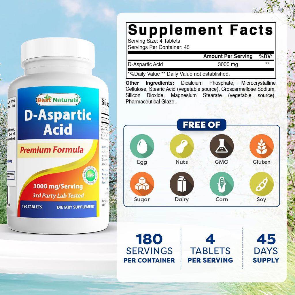 Best Naturals D-Aspartic Acid (DAA) 3000mg – 180 Comprimidos