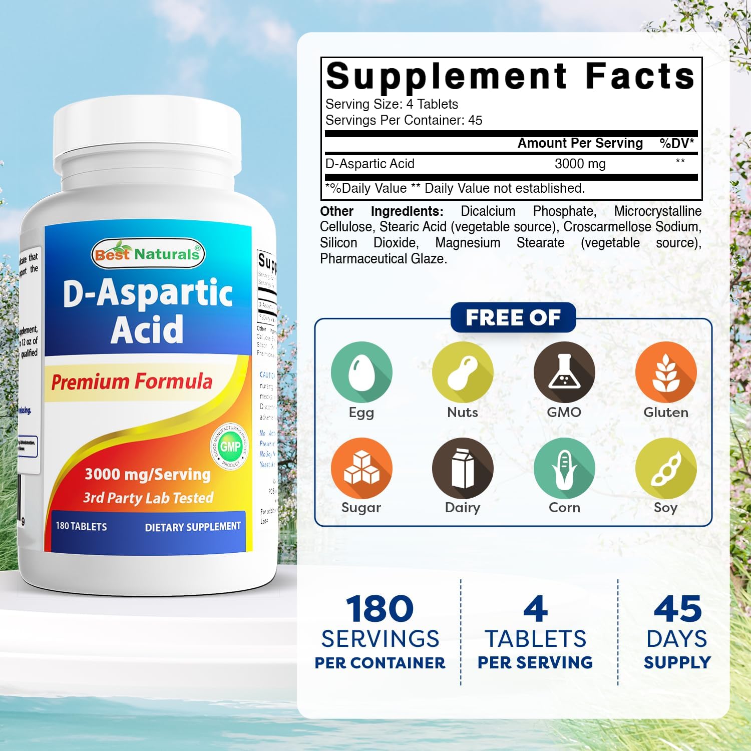 Best Naturals D-Aspartic Acid (DAA) 3000mg – 180 Comprimidos