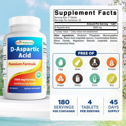 Best Naturals D-Aspartic Acid (DAA) 3000mg – – No-GMO y sin gluten – apto para dietas especiales. – Image 2