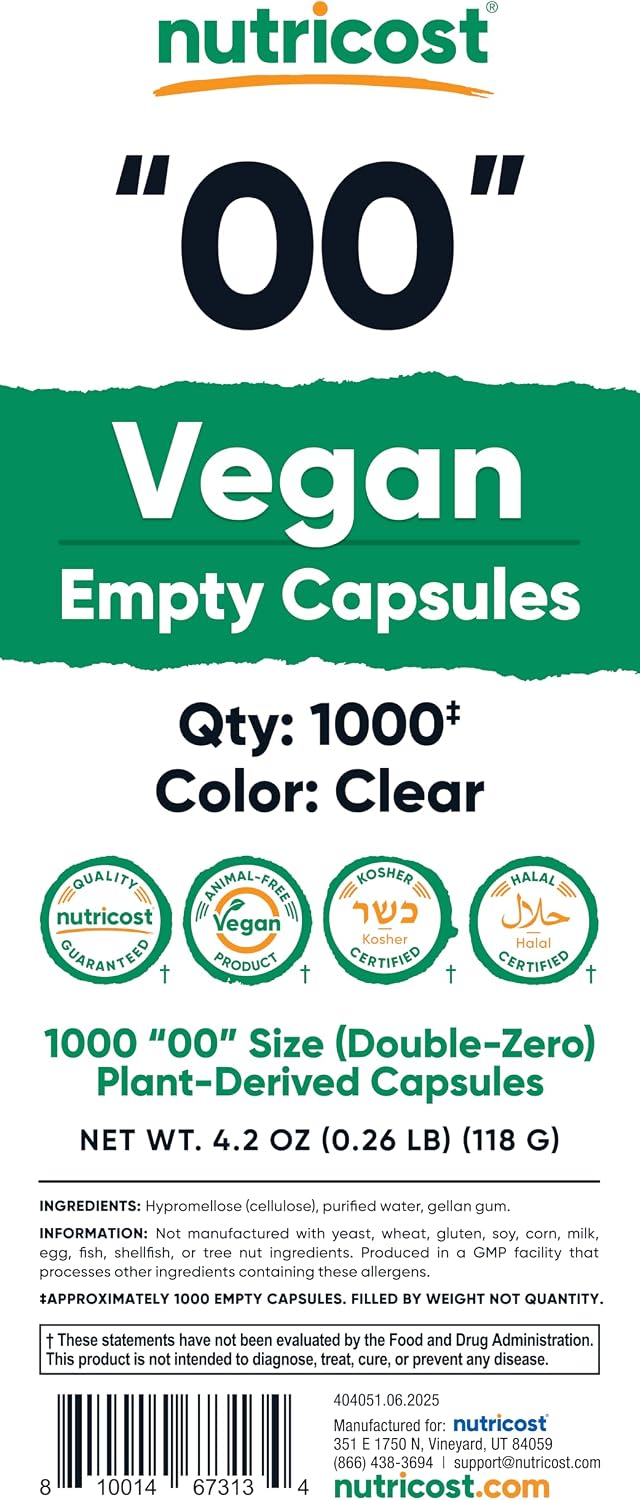 Nutricost Cápsulas Vacías Veganas Tamaño 00 - 1000 Cápsulas Transparentes