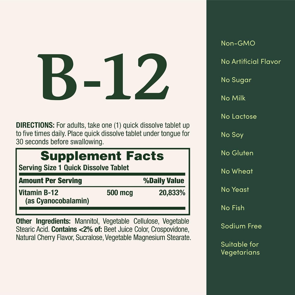 Nature's Bounty Vitamina B12 500mcg, 100 Comprimidos de Disolución Rápida