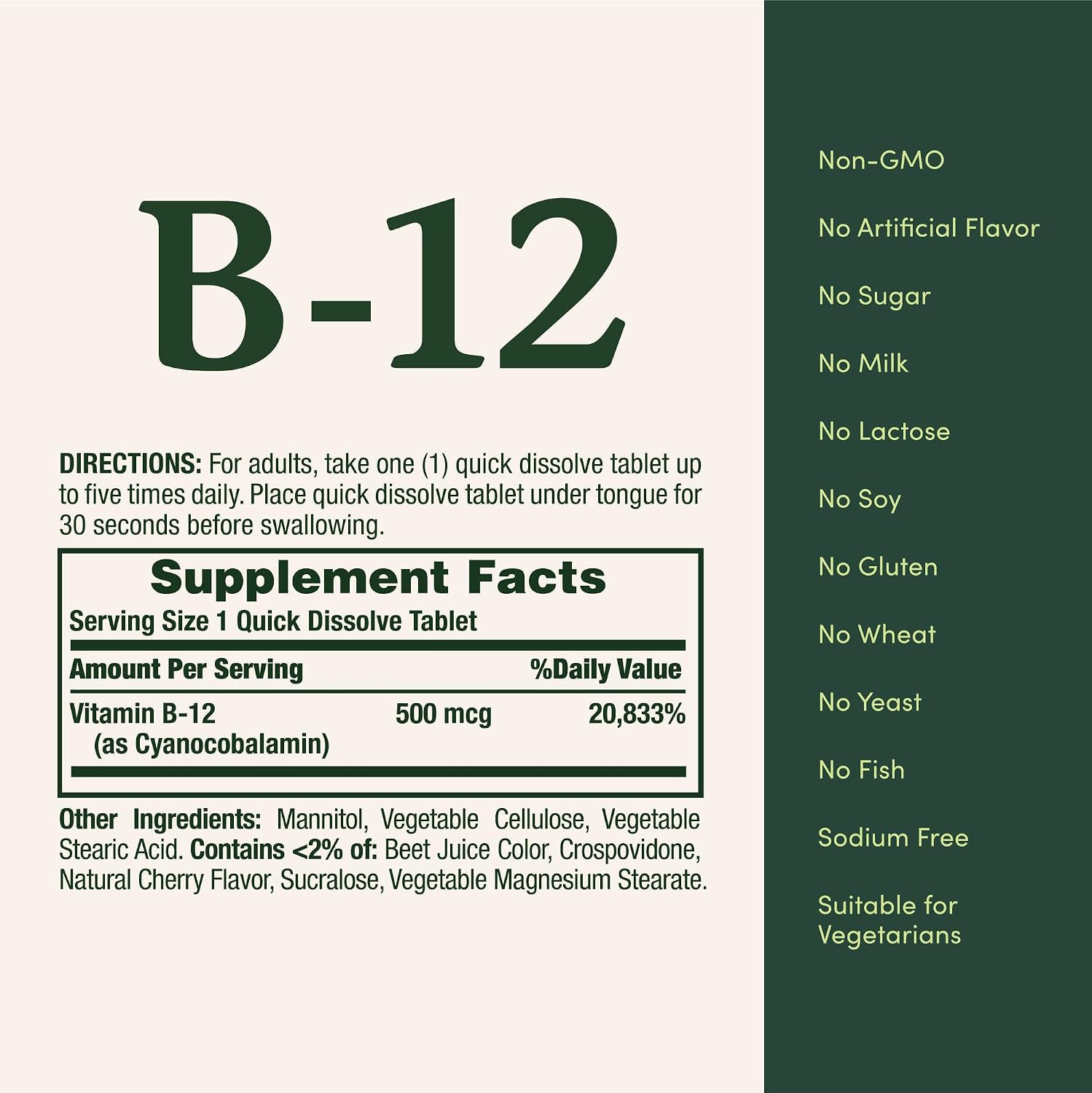 Nature's Bounty Vitamina B12 500mcg, 100 Comprimidos de Disolución Rápida