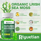 Riyuetian Gominolas de Musgo Marino - 60 unidades - Sabor Natural a Manzana - Suplemento de Sea Moss con Bladderwrack y Raíz de Bardana - Vegano y No GMO