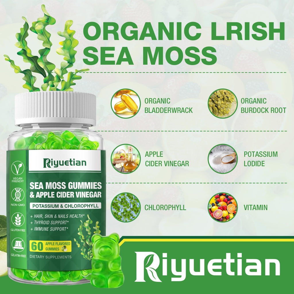 Riyuetian 2 Pack Gominolas de Musgo Marino - 120 Gominolas Veganas con Bladderwrack y Raíz de Bardana