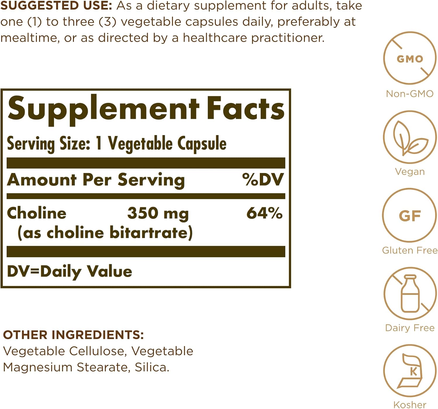 Solgar Colina 350 mg - 100 Cápsulas Vegetales - Vegano, Kosher