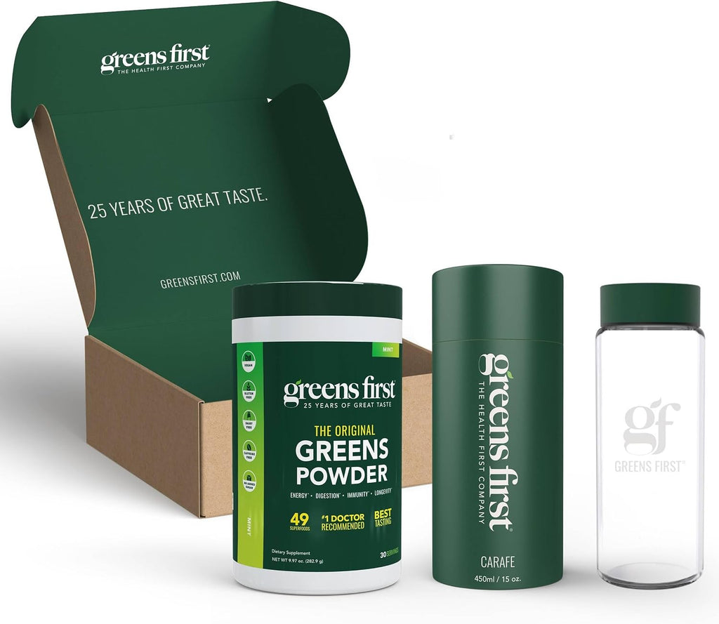 Greens First Gift Set - Edición Limitada con Jarra de Cristal y Polvo Verde Orgánico - 49 Superalimentos - Prebióticos, Probióticos y Enzimas Digestivas - Sin Lácteos, Vegano y No GMO - Menta - 30 Servicios