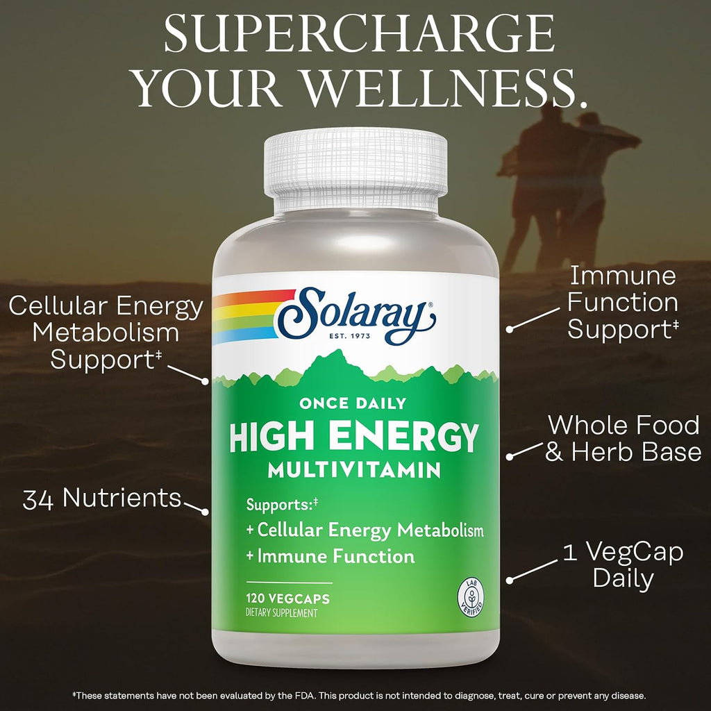 SOLARAY Multivitamínico Alta Energía Una Vez al Día, 120 Cápsulas Veganas para Mujer y Hombre