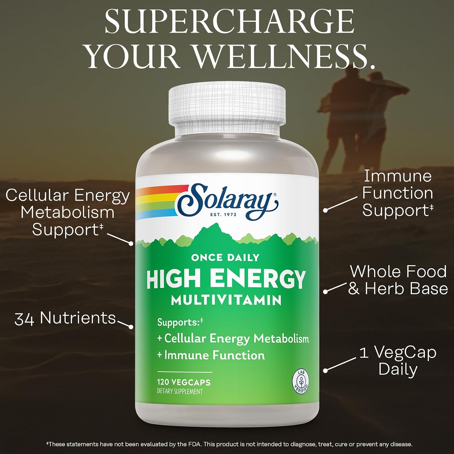 SOLARAY Multivitamínico Alta Energía Una Vez al Día, 120 Cápsulas Veganas para Mujer y Hombre