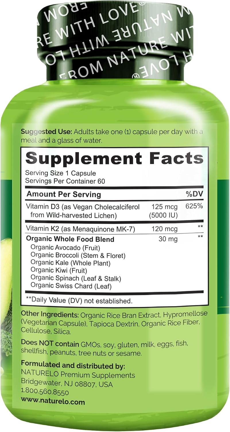 NATURELO Vitamina D3 + K2 Vegano, 60 Cápsulas